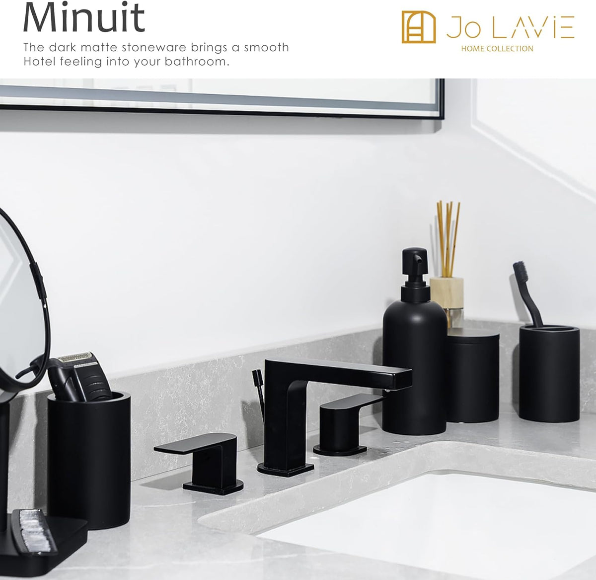 Bathroom Accessory Set - 4 Pcs Matte Black Bathroom Set with Toothbrush Holder, Soap Dispenser, Tumbler & Cotton Swab Jar - Bathroom Vanity Countertop Organizer, Bathroom Decor Sets