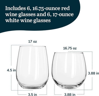 Stemless Wine Glasses Set of 12, Dishwasher Safe Red and White Wine Glass Set, Clear Drinking Glasses Set of 12 for Cocktails, Water, and More