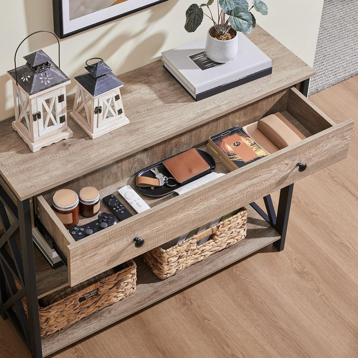 Console Table with Drawer, Entry Table with 3 Tier Storage, Gray