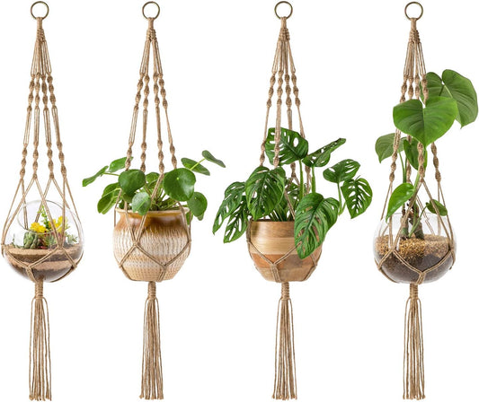 4 Pack Macrame Plant Hangers Indoor Hanging Planter Basket Decorative Flower Pot Holder Jute Rope for Indoor Outdoor Home Decor 4 Legs 40 Inch, Brown