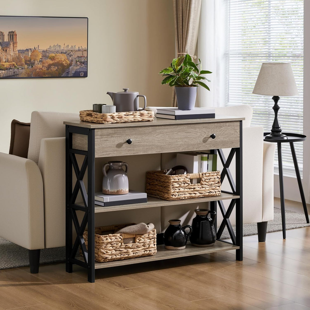 Console Table with Drawer, Entry Table with 3 Tier Storage, Gray