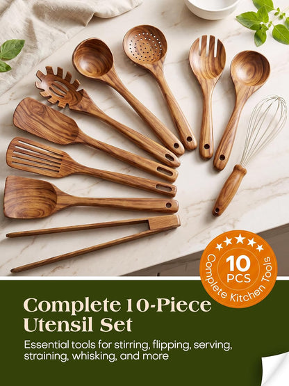 10Pcs Wooden Kitchen Utensils, Teak Wood Utensil Set for Kitchen, Heat-Resistant Wooden Spoons for Cooking, Nonstick Wood Spatula Soup Ladle Tong Egg Whisk
