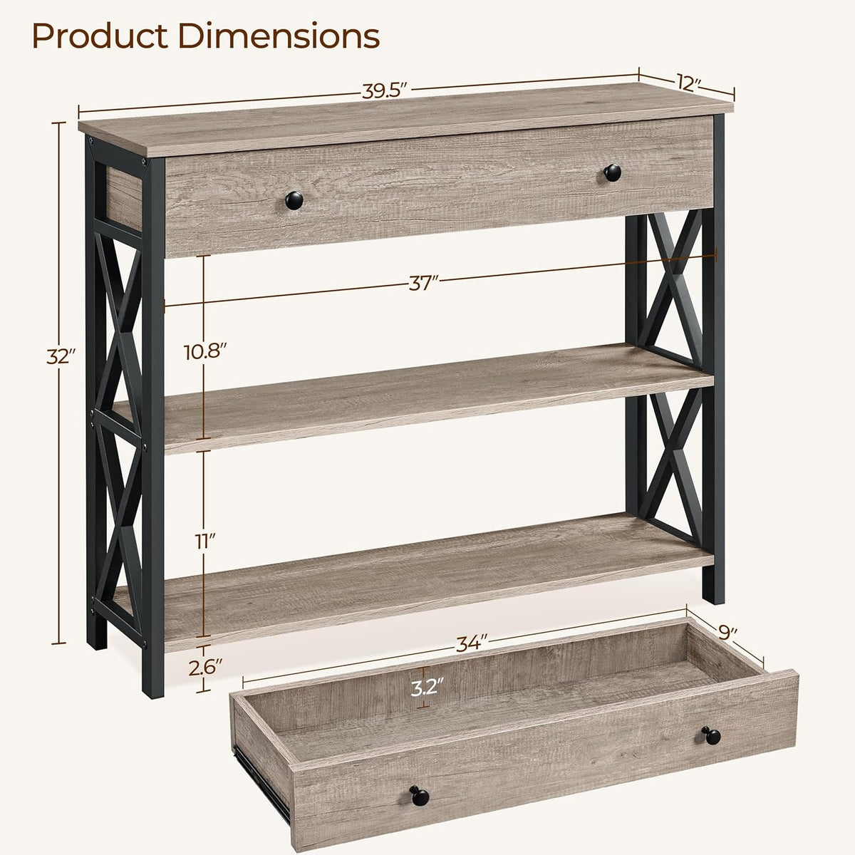 Console Table with Drawer, Entry Table with 3 Tier Storage, Gray