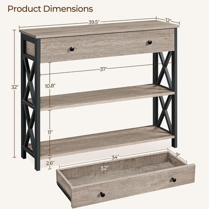 Console Table with Drawer, Entry Table with 3 Tier Storage, Gray