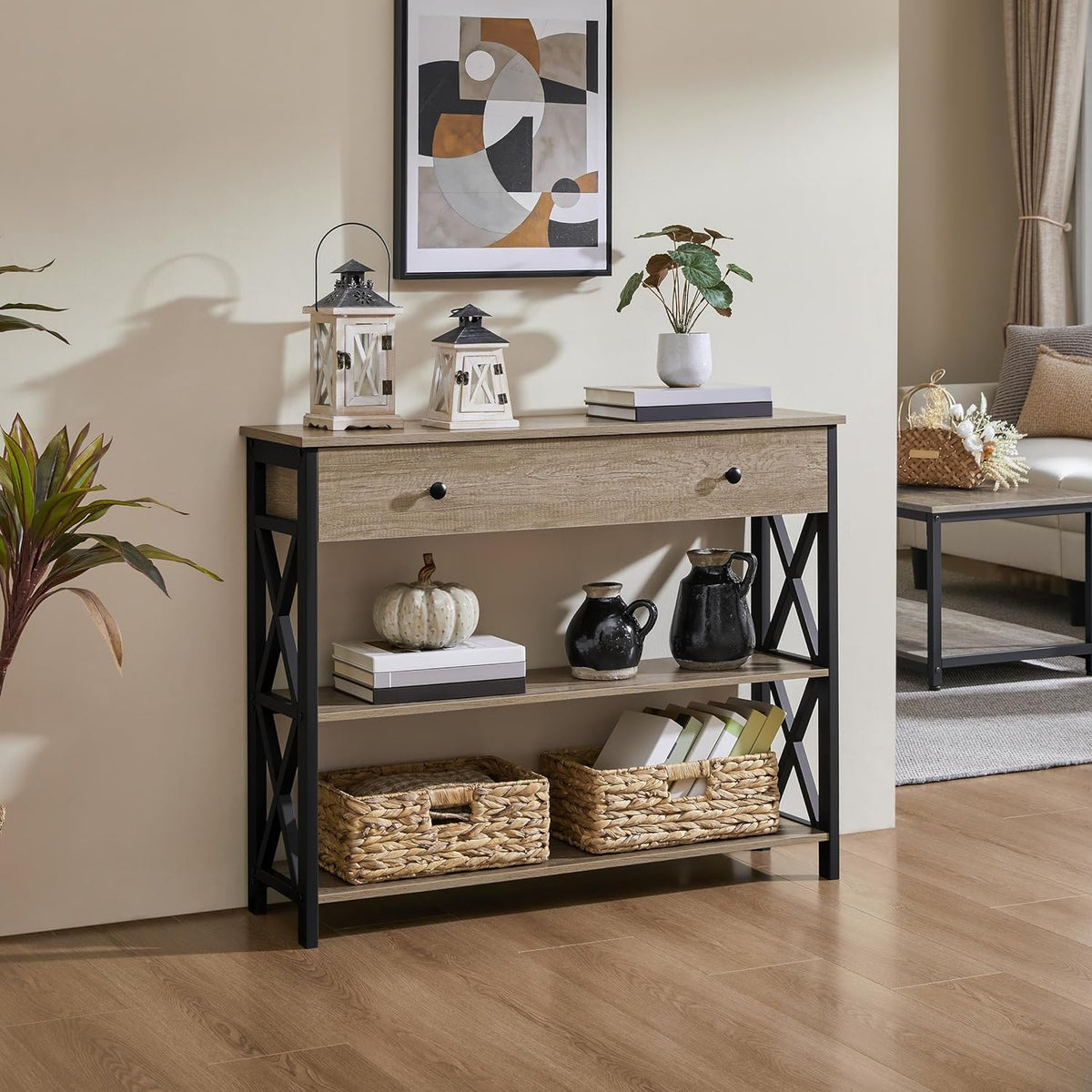 Console Table with Drawer, Entry Table with 3 Tier Storage, Gray