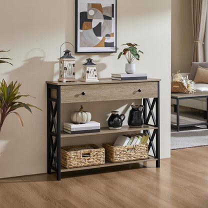 Console Table with Drawer, Entry Table with 3 Tier Storage, Gray